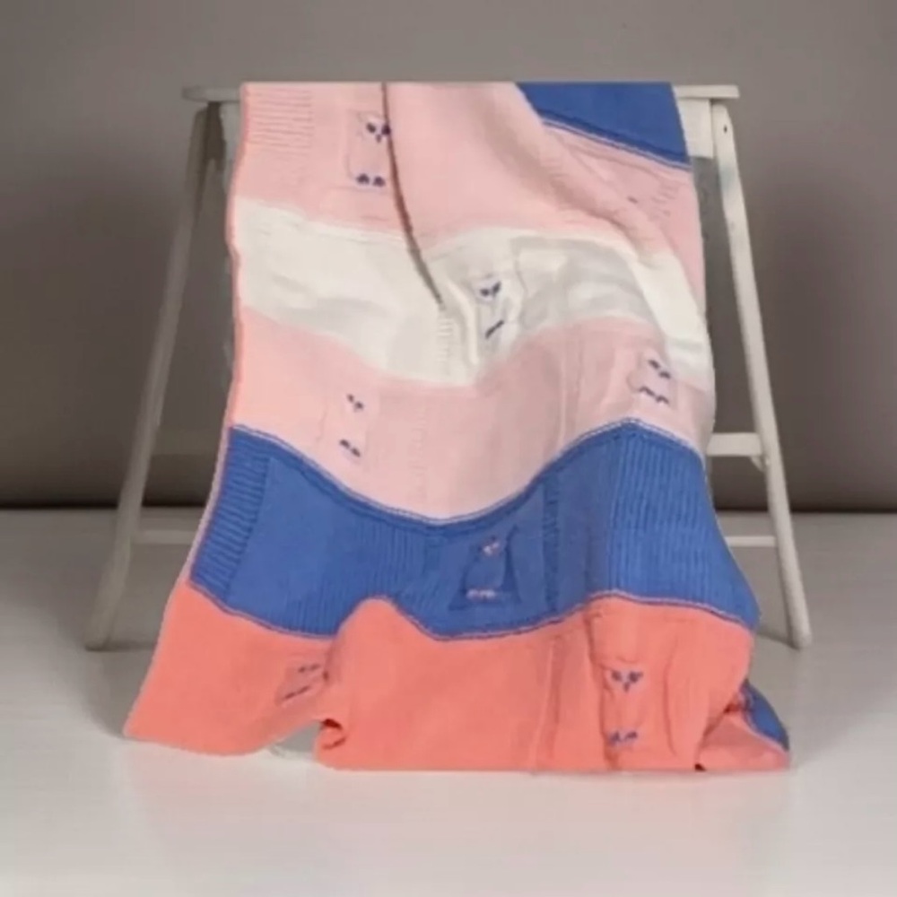 Vintage Crochet Knit Owl Baby Blanket Afghan Throw Nursery Pink White Blue 42x36
